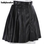 Sexy Black Goth Grunge Punk Summer Zipper Rivet Pleated PU Skirt Metal Ring Hallow Out E-Girl Kawaii Korean Japanese Harajuku Streetwear