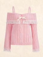 Pink Off Shoulder Bow Lace Sweater