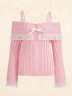Pink Off Shoulder Bow Lace Sweater