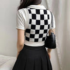 Cute Preppy Argyle Plaid Sweater Vest Sleeveless Knit Crop Top V Neck Shirt Aesthetic Casual Summer E-Girl Kawaii Korean Japanese Harajuku