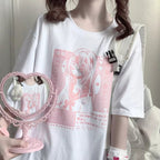 Pastel Pink Anime Girl Print Short Sleeve T-shirt