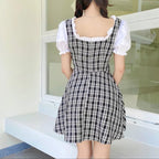 Cute Sweet Plaid Patchwork Lace Up Corset Ruffle Mini A-line Dress Summer Aesthetic Casual E-Girl Kawaii Korean Japanese Harajuku