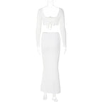 2PCS White Rose Long Sleeve Crop Top + Maxi Skirt