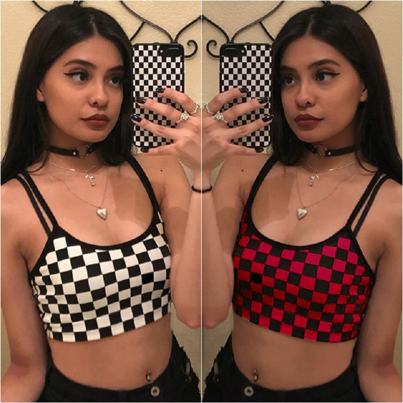 Cute Sexy Black White Checkered Plaid Tank Cami Crop Top Shirt Tee T-shirt E-Girl Kawaii Korean Japanese Harajuku Chinese Retro Streetwear Aesthetic