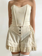Beige Coquette Patchwork Tie Up High Waist Shorts