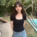 Black Puff Sleeve Square Collar Top
