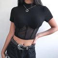 Cute Sexy Patchwork Black Mesh Crop Top Short Sleeve Shirt Tee T-shirt E-Girl Kawaii Korean Japanese Harajuku Chinese Retro Streetwear Aesthetic
