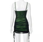 Cute Sexy Green Black Mesh Patchwork Bodycon Lace Up Mini Dress Summer Aesthetic Casual E-Girl Kawaii Korean Japanese Harajuku