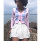Cute Pink Geometrical Chic Vintage Knit Cardigan Sweater Top Shirt Winter Autumn E-Girl Kawaii Korean Japanese Harajuku Chinese Retro Streetwear