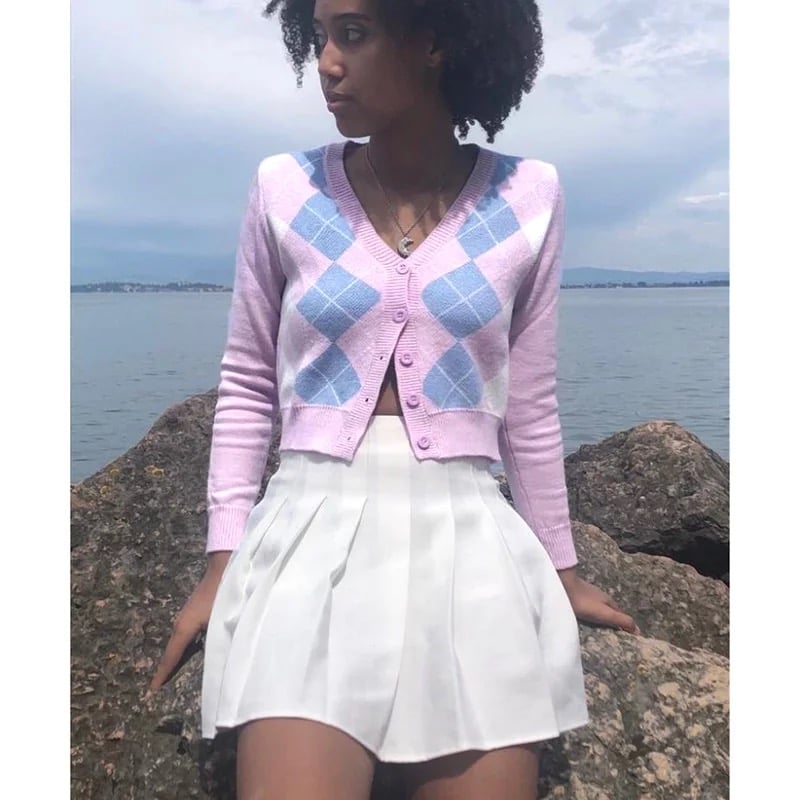 Cute Pink Geometrical Chic Vintage Knit Cardigan Sweater Top Shirt Winter Autumn E-Girl Kawaii Korean Japanese Harajuku Chinese Retro Streetwear