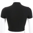Cute Sexy Casual Black Hallow Out Crop Top Short Sleeve Shirt Tee T-shirt E-Girl Kawaii Korean Japanese Harajuku Chinese Retro Streetwear Aesthetic