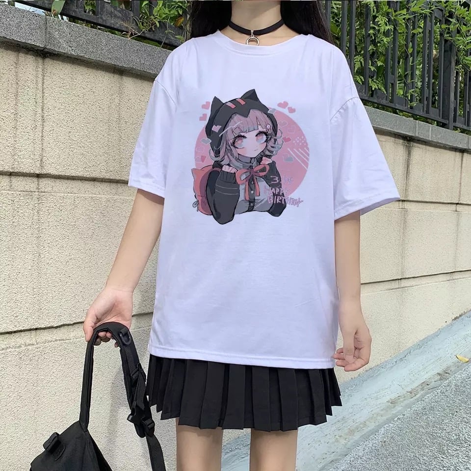 Cute Cat Anime Girl Cartoon Print Oversized Loose Short Sleeve Shirt Tee T-shirt Summer Casual E-Girl Kawaii Korean Japanese Harajuku Streetwear