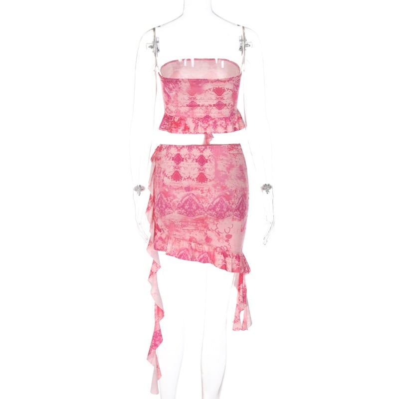 2PCS Pink Irregular Strapless Tube Top + Ruffled Mini Skirt