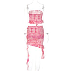 2PCS Pink Irregular Strapless Tube Top + Ruffled Mini Skirt