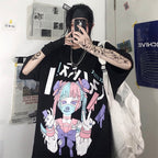 Cute Japanese Girl Punk Goth Print Oversized Short Sleeve Shirt Tee T-shirt E-Girl Kawaii Korean Japanese Harajuku Retro Streetwear Aesthetic