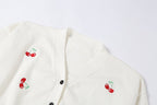 Cute Sweet Cherry Embroidery V Neck Knit Vest Long Sleeve Cardigan Crop Top Sweater Sweatshirt Pullover Jumper E-Girl Kawaii Korean Japanese Harajuku