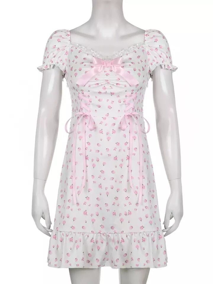 White Floral Puff Short Sleeve Lace Patchwork Mini Dress Summer Aesthetic Casual E-Girl Kawaii Korean Japanese Harajuku