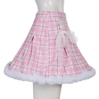 Cute Pink Plaid Feather Lace Up Pleated High Waist A-line Mini Skirt Summer Aesthetic Casual E-Girl Kawaii Korean Japanese Harajuku