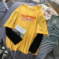 Cute Casual Yellow Vintage Letter Print Graphic T-shirt Long Sleeve Tee Shirt O-neck Pullover E-Girl Kawaii Korean Japanese Harajuku Retro Streetwear