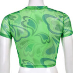 Green Heart Print Transparent Mesh Sheer Crop Top Short Sleeve Shirt Summer Aesthetic Casual E-Girl Kawaii Korean Japanese Harajuku