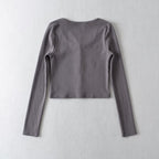 2PCS Pink Ribbed Button Long Sleeve Crop Top + Shorts