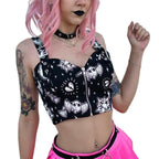 Cute Black Goth Skull Bat Goat Print Zipper Front Camisole Crop Top Tank Summer Aesthetic Casual E-Girl Kawaii Korean Japanese Harajuku