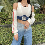 Cute Patchwork Letter Label T-shirt Separate Sleeve Crop Top Bodycon Streetwear Summer Aesthetic Casual E-Girl Kawaii Korean Japanese Harajuku