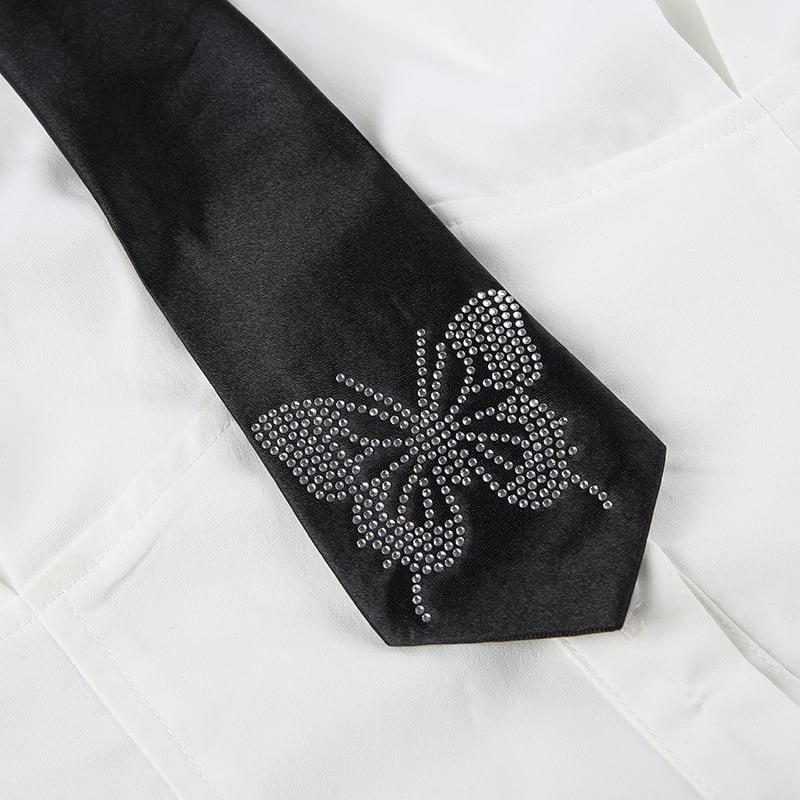 White Butterfly Rhinestone Tie + Long Sleeve Shirt Set