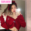 Red Cropped V Neck Sweater