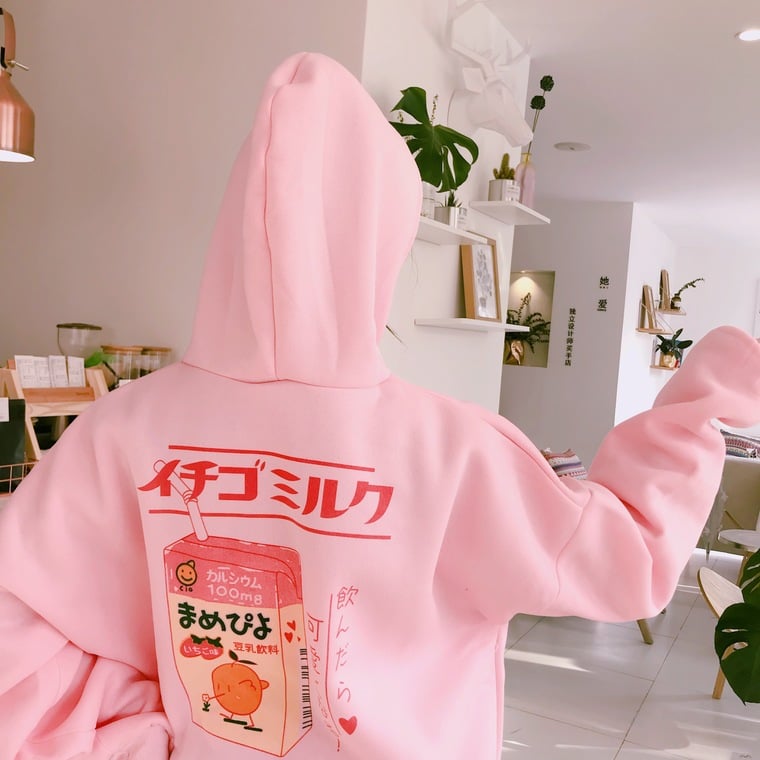Cute Pastel Pink Peach Cartoon Print Long Sleeve Hoodie Pullover Sweater Sweatshirt Autumn Winter E-Girl Kawaii Korean Japanese Harajuku Streetwear