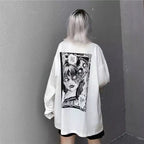 White Dark Anime Girl Cartoon Print Long Sleeve White T-Shirt Oversize Loose Vintage Goth Aesthetic E-Girl Kawaii Korean Japanese Harajuku Streetwear