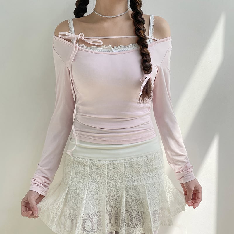 Sweet Lace Up Slash Neck Long Sleeve Shirt