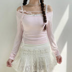 Sweet Lace Up Slash Neck Long Sleeve Shirt