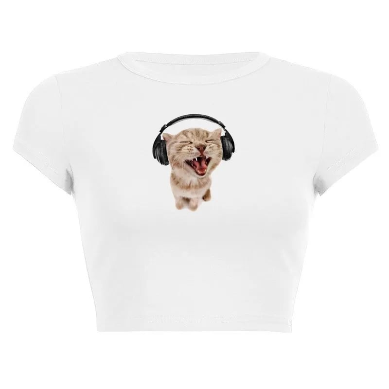 Cat Music Print Ribbed Tank Top