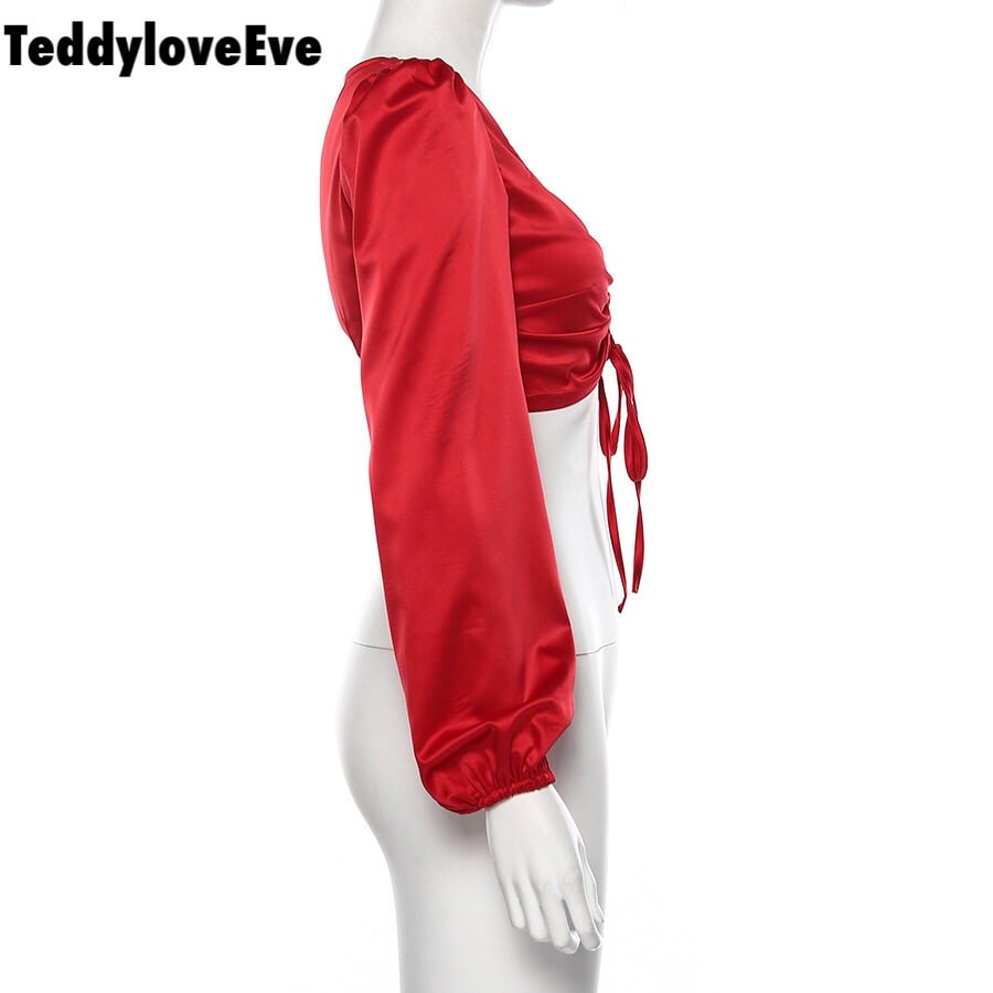 Cute Sexy Red Chiffon Low Cut Crop Top Long Sleeve Shirt Tee T-shirt E-Girl Kawaii Korean Japanese Harajuku Chinese Retro Streetwear Aesthetic