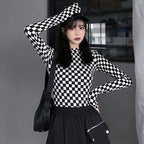 Cute Black White Checkerboard Plaid Long Sleeve Shirt Top Punk Goth Aesthetic Casual E-Girl Kawaii Korean Japanese Harajuku