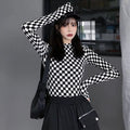 Cute Black White Checkerboard Plaid Long Sleeve Shirt Top Punk Goth Aesthetic Casual E-Girl Kawaii Korean Japanese Harajuku