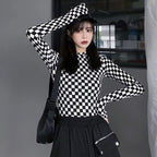 Cute Black White Checkerboard Plaid Long Sleeve Shirt Top Punk Goth Aesthetic Casual E-Girl Kawaii Korean Japanese Harajuku