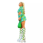 2PCS Heart Print High Neck Long Sleeve Bandage Mini Dress Crop Top + Skirt Set Summer Aesthetic Casual E-Girl Kawaii Korean Japanese Harajuku