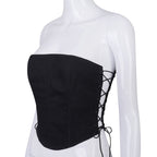 Sexy Black Corset Lace Tie Up Bustier Crop Top Sleeveless Strapless Vest Party Club Aesthetic Goth E-Girl Kawaii Korean Japanese Harajuku Streetwear