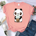 Cute Panda Bear Boba Bubble Milk Tea Graphic Cartoon Print Loose Short Sleeve T-shirt Aesthetic Casual Summer E-Girl Kawaii Korean Japanese Harajuku