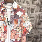 Cute Unisex Cat Cartoon Anime Print Loose Short Sleeve Shirt Button Up Aesthetic Casual Summer E-Girl Kawaii Korean Japanese Harajuku