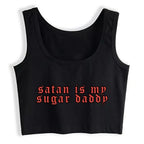 Cute Black Satan Sugar Daddy Print Crop Top Tank Sleeveless Shirt Aesthetic Casual E-Girl Kawaii Korean Japanese Harajuku