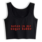 Cute Black Satan Sugar Daddy Print Crop Top Tank Sleeveless Shirt Aesthetic Casual E-Girl Kawaii Korean Japanese Harajuku