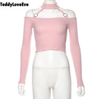 Cute Pink Strapless Ruffle Crop Top Causal Slim Long Sleeve Shirt T-shirt Top Tee E-Girl Kawaii Korean Japanese Harajuku Streetwear