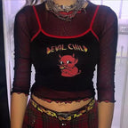 Sexy Devil Cartoon Print Graphic Summer Tank Camisole Spaghetti Strap Patchwork Crop Top E-Girl Kawaii Korean Japanese Harajuku Retro Streetwear