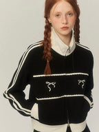 Grey Bow Embroidery Zipper Jacket