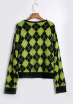 Cute Checkered Vintage Knit Cardigan Sweater Top Shirt Winter Autumn E-Girl Kawaii Korean Japanese Harajuku Chinese Retro Streetwear