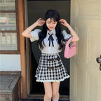 Cute 2pcs Set White Puff Ruffles Sleeve Shirt + Aline Pleated Preppy Mini Skirt Summer Aesthetic Casual E-Girl Kawaii Korean Japanese Harajuku