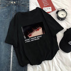 Cute Anime Girl Punk Print Cartoon Loose Oversized Short Sleeve Short T-shirt Tee Top Summer Casual E-Girl Kawaii Korean Japanese Harajuku Streetwear